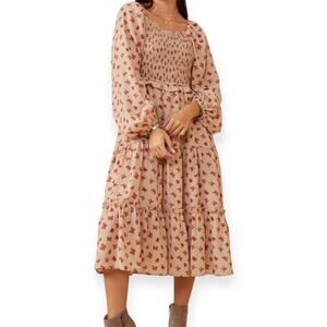 Hayden LA Ditsy Butterfly Print Smocked Midi Dress Size Medium Beige Long Sleeve